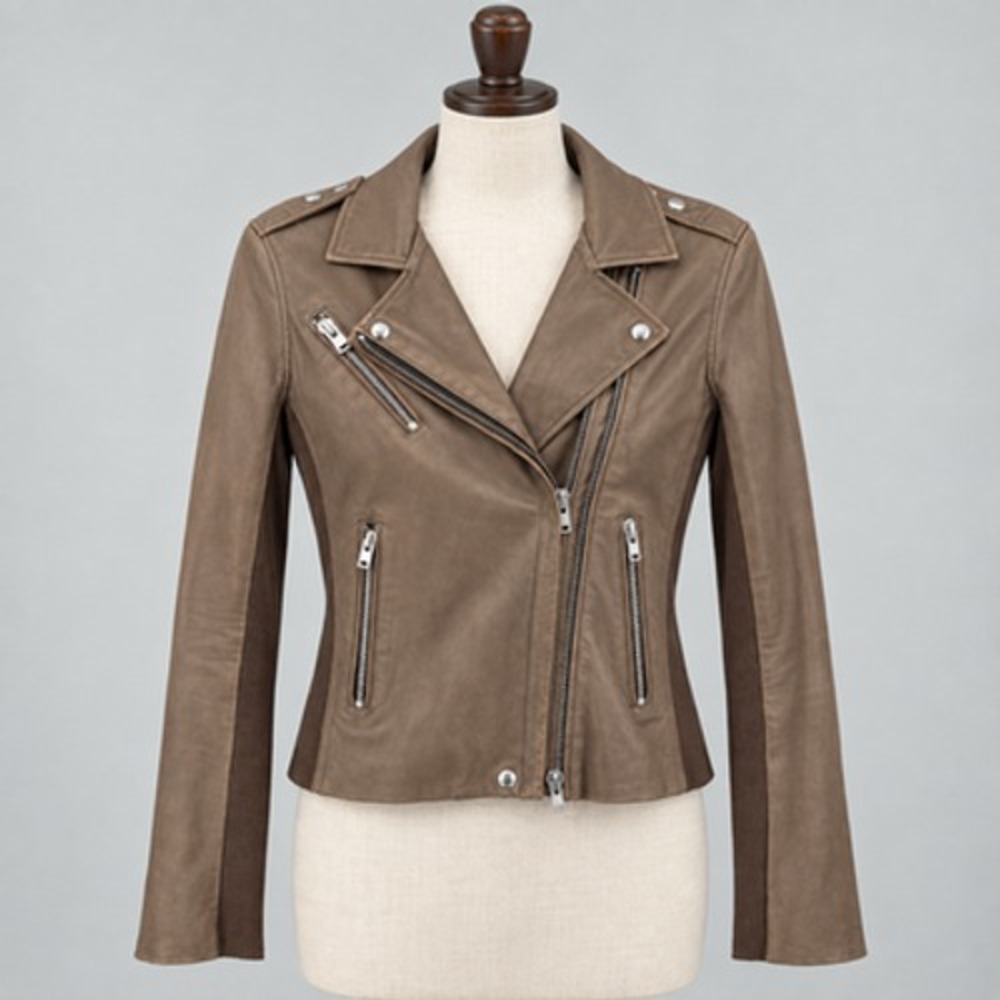 IRO Jacket Womens Large 40 Brown Lamb Leather Vika Moto Zip Front Biker Ribbed